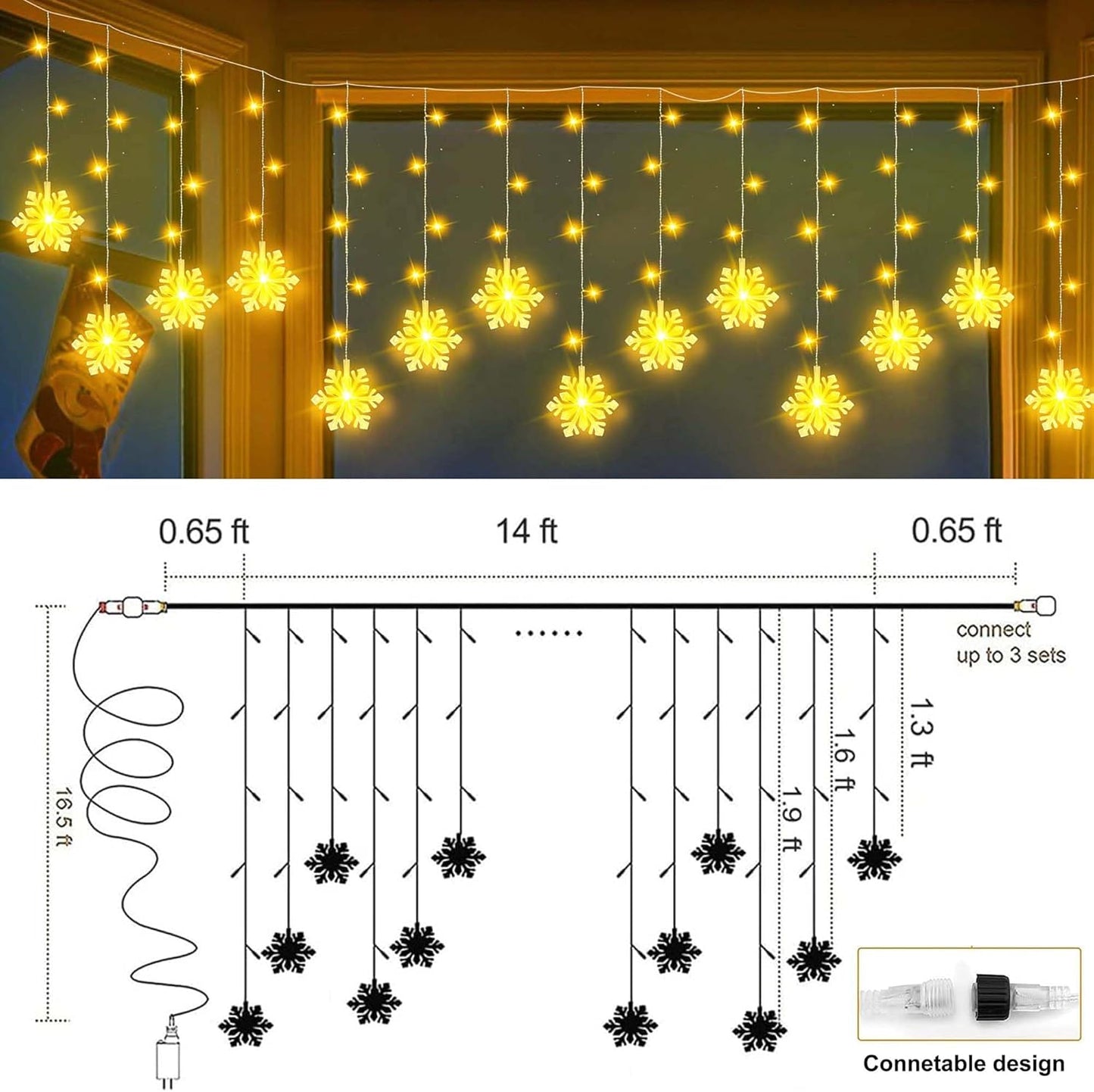 150 LED Christmas Icicle Lights with Snowflakes, Hanging Snowflake Light with 8 Modes, Connectable Warm White Icicle Lights for Outside, Roof, Window, Holiday Party Decor