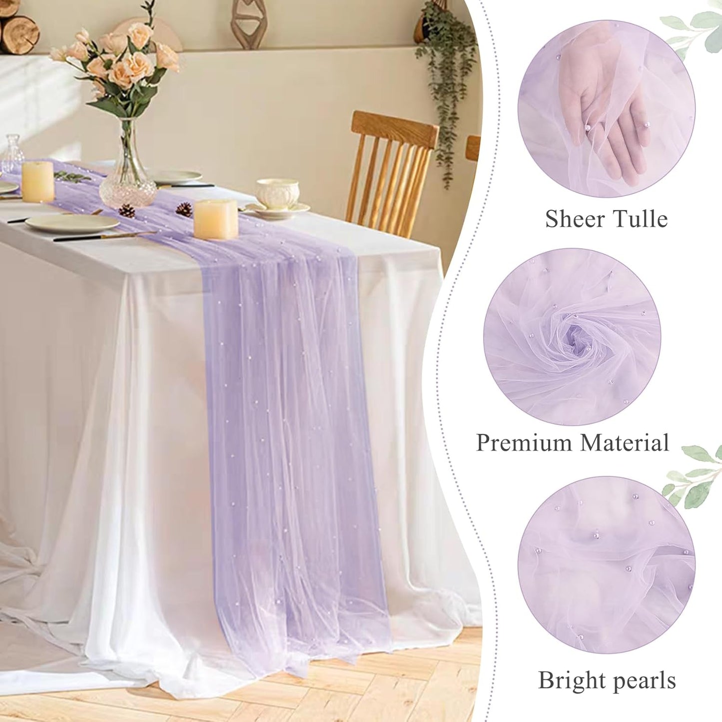 Set of 6 Pearl Table Runner 29 x 120 Inch Tulle Fabric Lace Table Runners Boho Rustic Tablecloth for Bridal Shower Birthday Party Wedding Arch Aisle Veil Dessert Table Decor(Light Purple)