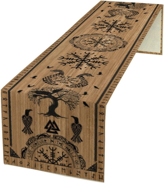 Viking Tree of Life Table Runner, Wooden Printed Eagle Dragon Boat Rudder Seasonal Kitchen Dining Table Decoration for Home Party 13x108 Inch