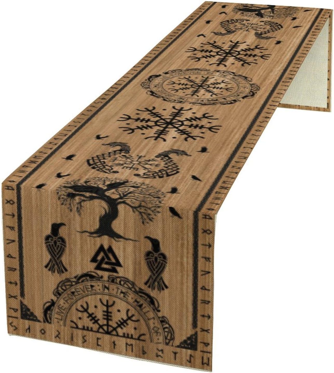 Viking Tree of Life Table Runner, Wooden Printed Eagle Dragon Boat Rudder Seasonal Kitchen Dining Table Decoration for Home Party 13x60 Inch