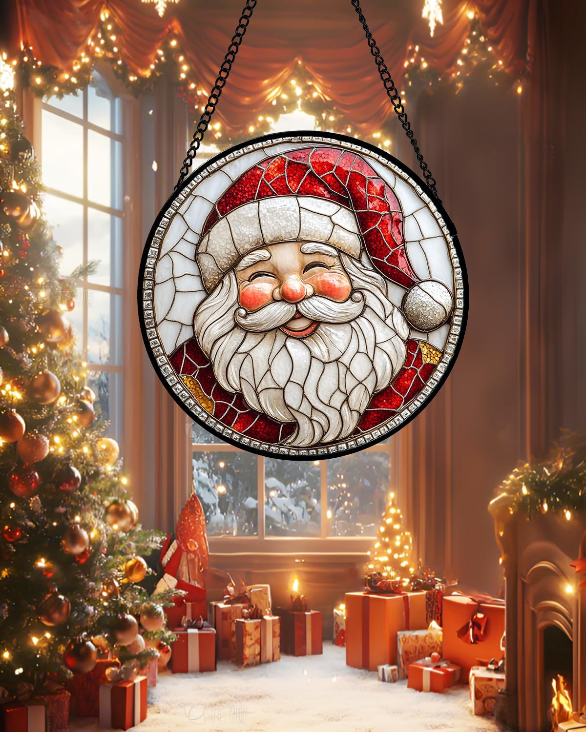 Stained Glass Window Hanging - Red White Santa Claus Suncatcher for Doors Home Christmas Decoration Winter Sun Catcher Thanksgiving New Year Birthday Gifts for Women Men Mom Nana Girl 7.8 in
