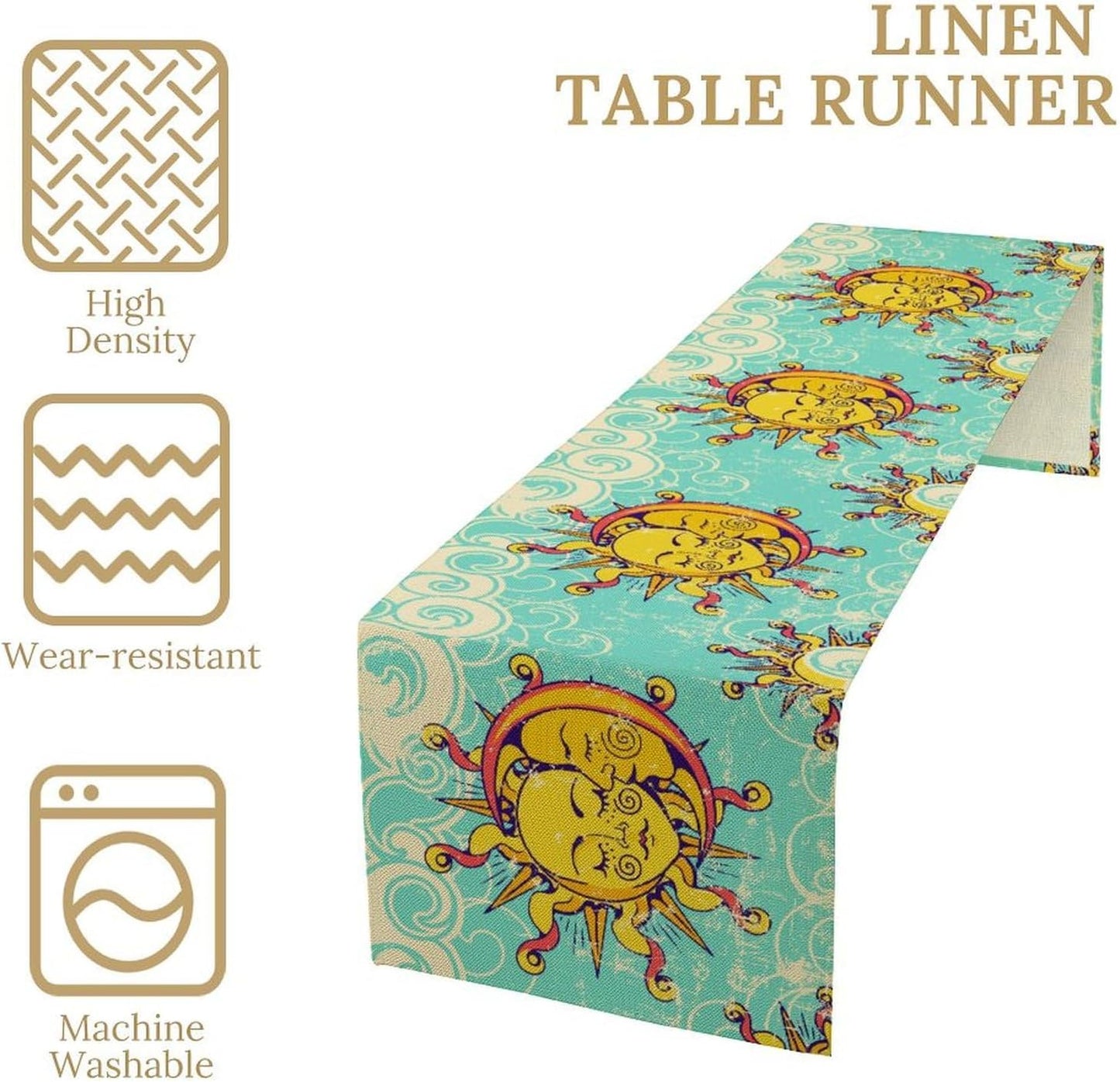 Retro Sun Moon Table Runner, Phase of The Moon Vintage Cloud Table Runner for Kitchen Dinner Living Room Table Runner Yellow Floral, 13x120 Inch Yellow Blue