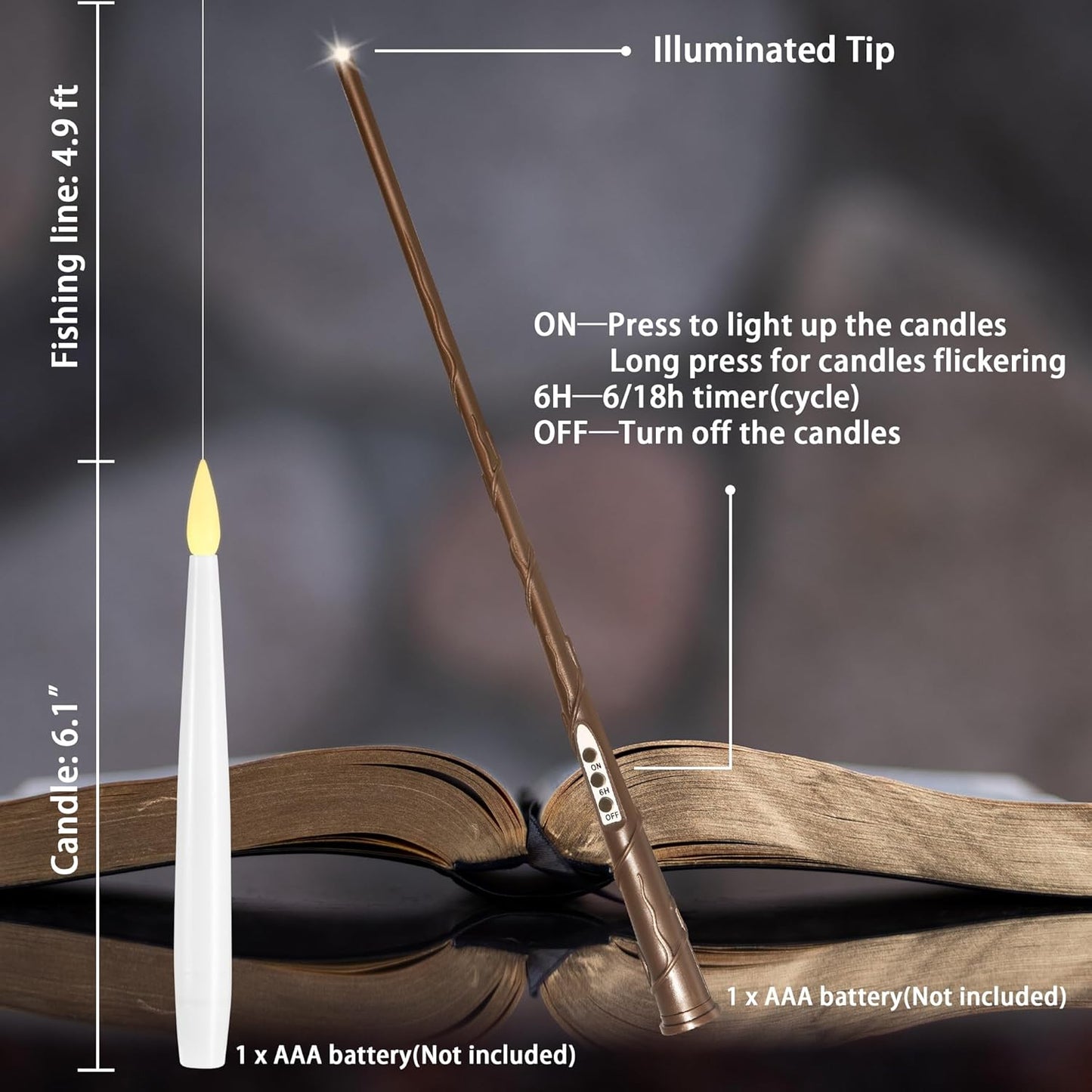 Floating Candles with Wand, 10 Pack Halloween Flameless Candles Battery Operated LED Taper Hanging Electric Candle for Christmas Halloween Birthday Party Decor 6.1in