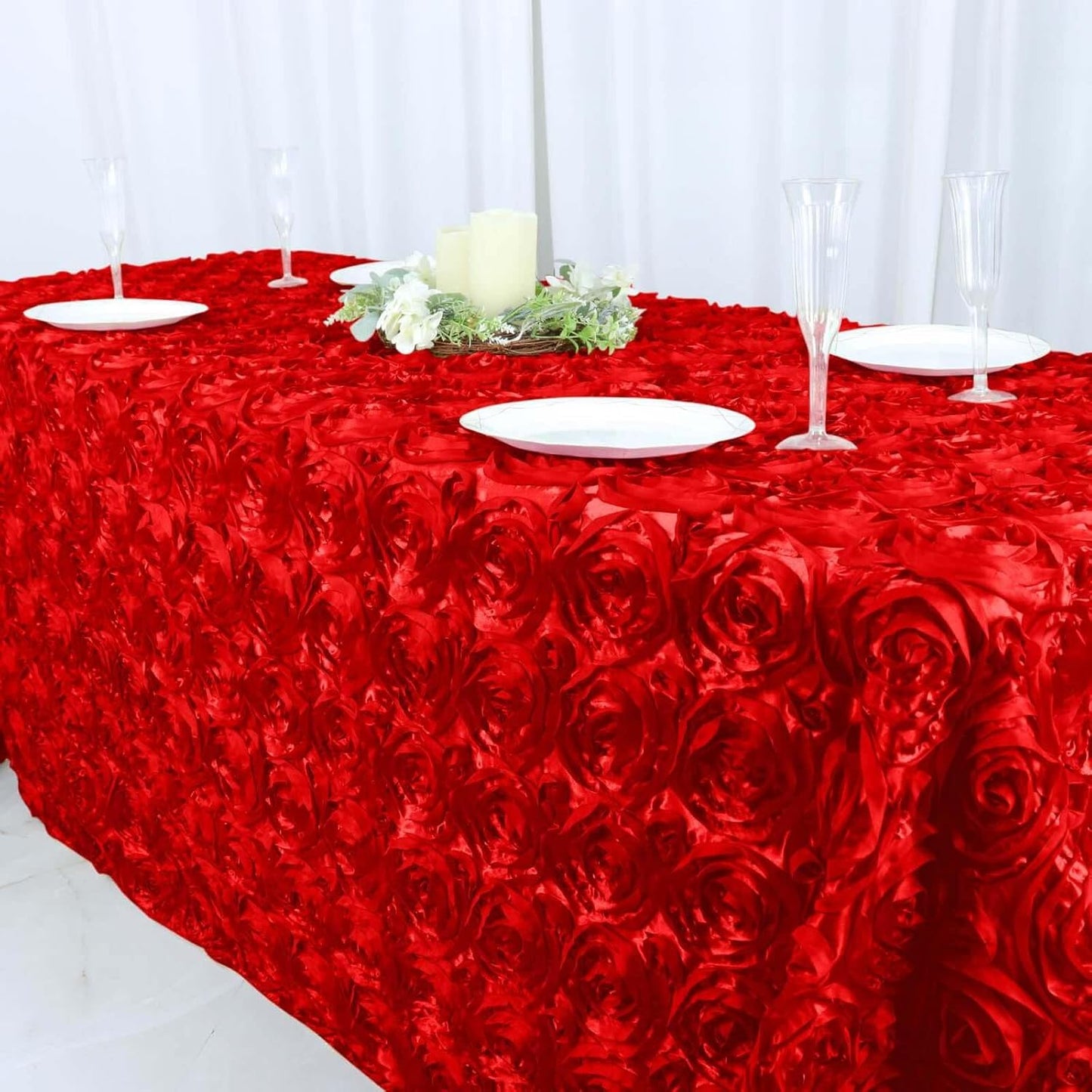 Efavormart 90"x132" Wholesale Rectangle Table Cover RED Grandiose Rosette 3D Satin Tablecloth for Wedding Party Event Decoration
