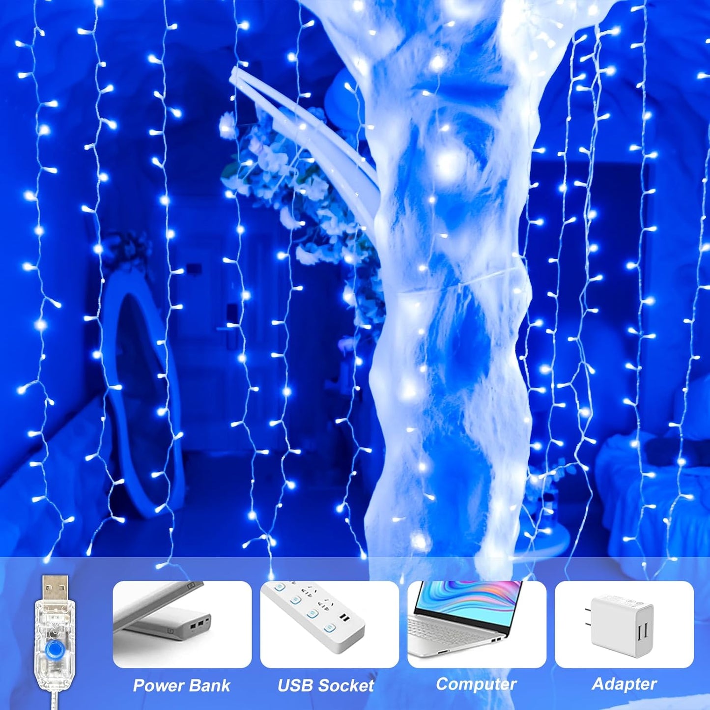 Curtain Light for Bedroom, 200LED 6.6x6.6ft Blue Window Wall Hanging Fairy Curtain String Light, 8 Modes Remote Fairy String Lights Indoor for Wedding Party Home Garden Decorations