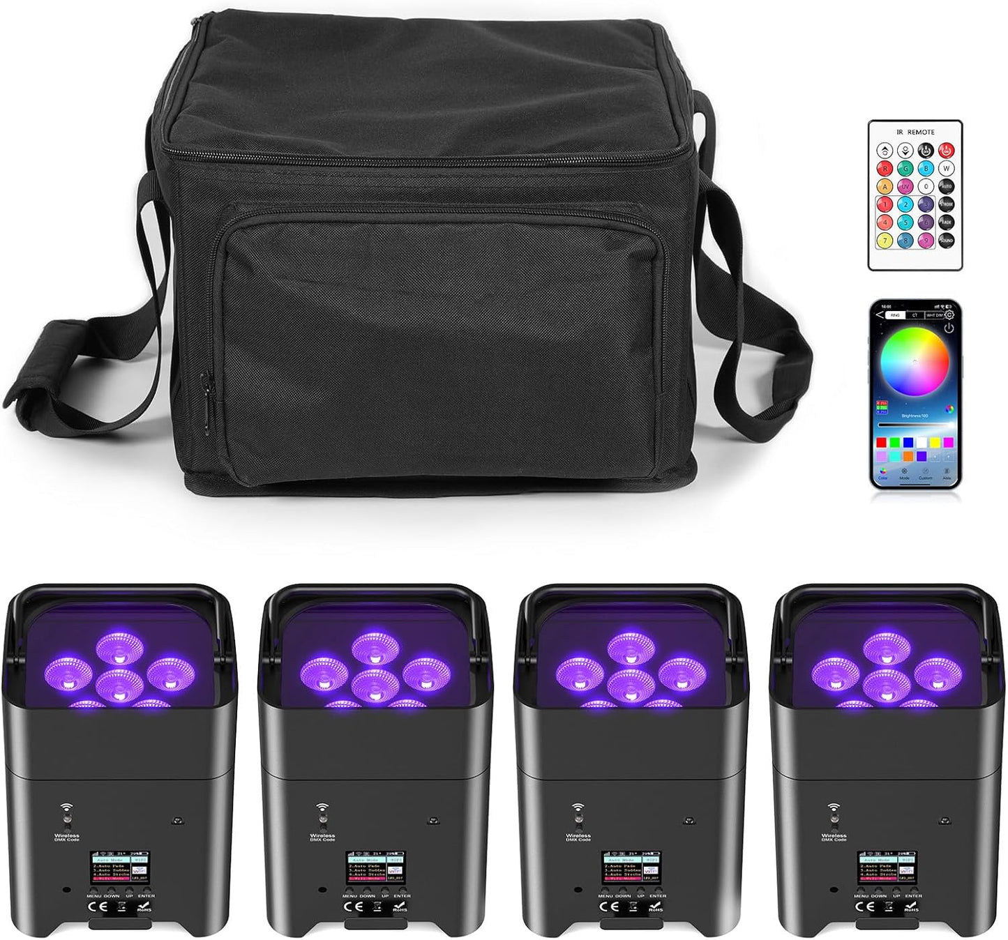 9600mAh Wireless Uplights, 6x18W RGBWA UV Stage Lights, APP/DMX512 Controlled Par Lights, Rechargeable Battery Powered Uplights for Show, 4 Pcs with Bag