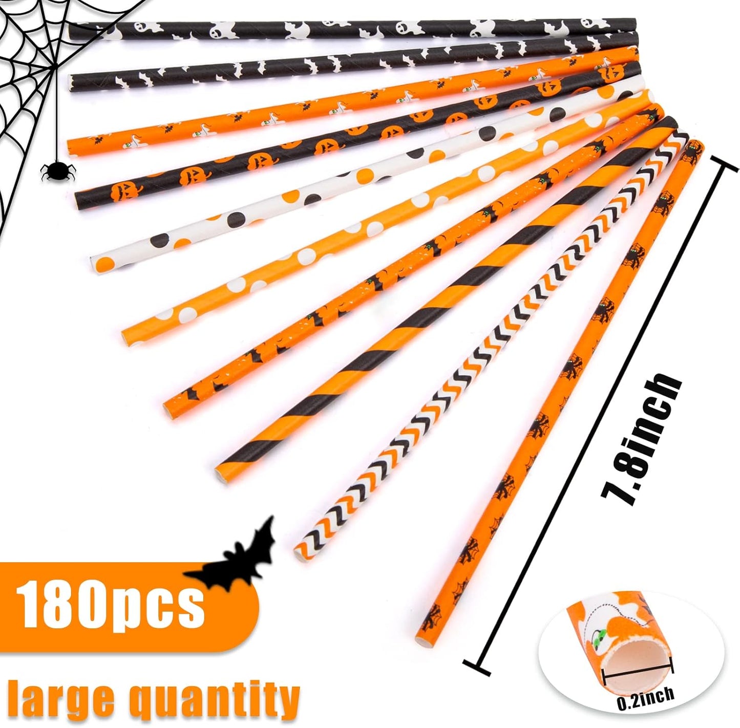 HANSGO Halloween Paper Straws, 180PCS Paper Drinking Straws Bulk for Decorating Halloween Party Cupcake