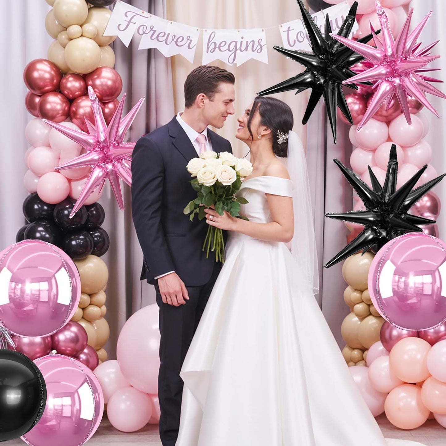 6Pcs Pink Black Foil Balloons,22Inch Black and Pink 4D Round Ball Balloon and Explosion Star Balloon for Birthday Wedding Baby Shower Anniversary Party Party Decorations