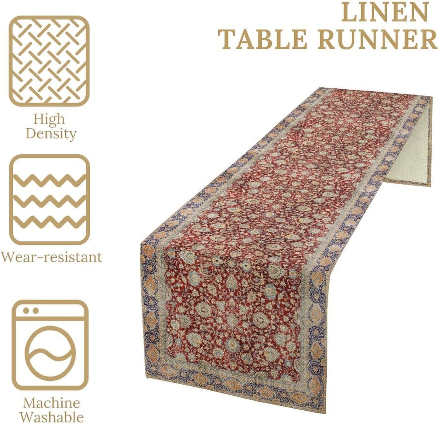 Boho Bohemia Style Table Runner, Vintage Red Blue Retro Flower Rustic Country Style Floral Print Pattern for Home Kitchen Table Decor Dining Coffee Room Garden Party Decor 13x72in