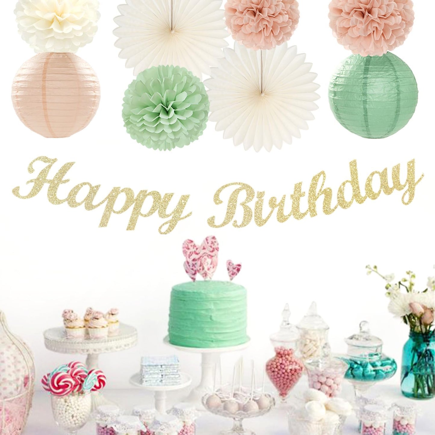 Sage-Green Pink First Happy Birthday Party-Decorations - 22pcs 18th Women Girls Paper Lanterns Streamers Banner Pom Poms,Spring Boho Aesthetic Bohemian Pastel Neutral Decor Backdrop Supplies Hugmoon