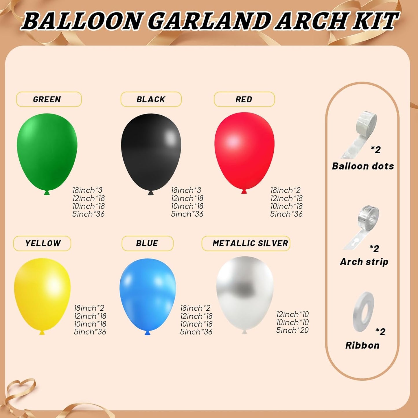 412Pcs Red Blue Yellow Green Black Balloon Arch Garland Kit, 18 12 10 5 Inch Different Size Latex Balloons for Birthday, Video Game Themed Party