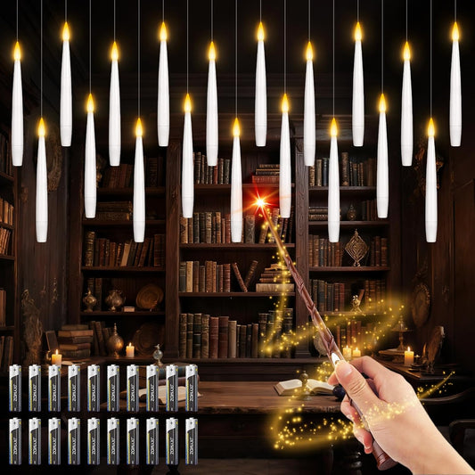Halloween Decorations, 20 Pcs Floating Candles with Wand Remote, Battery (indluded) Operated Magic Wand Hanging LED Candles, Flameless Flickering Taper Candles for Halloween Christmas Decor Birthday