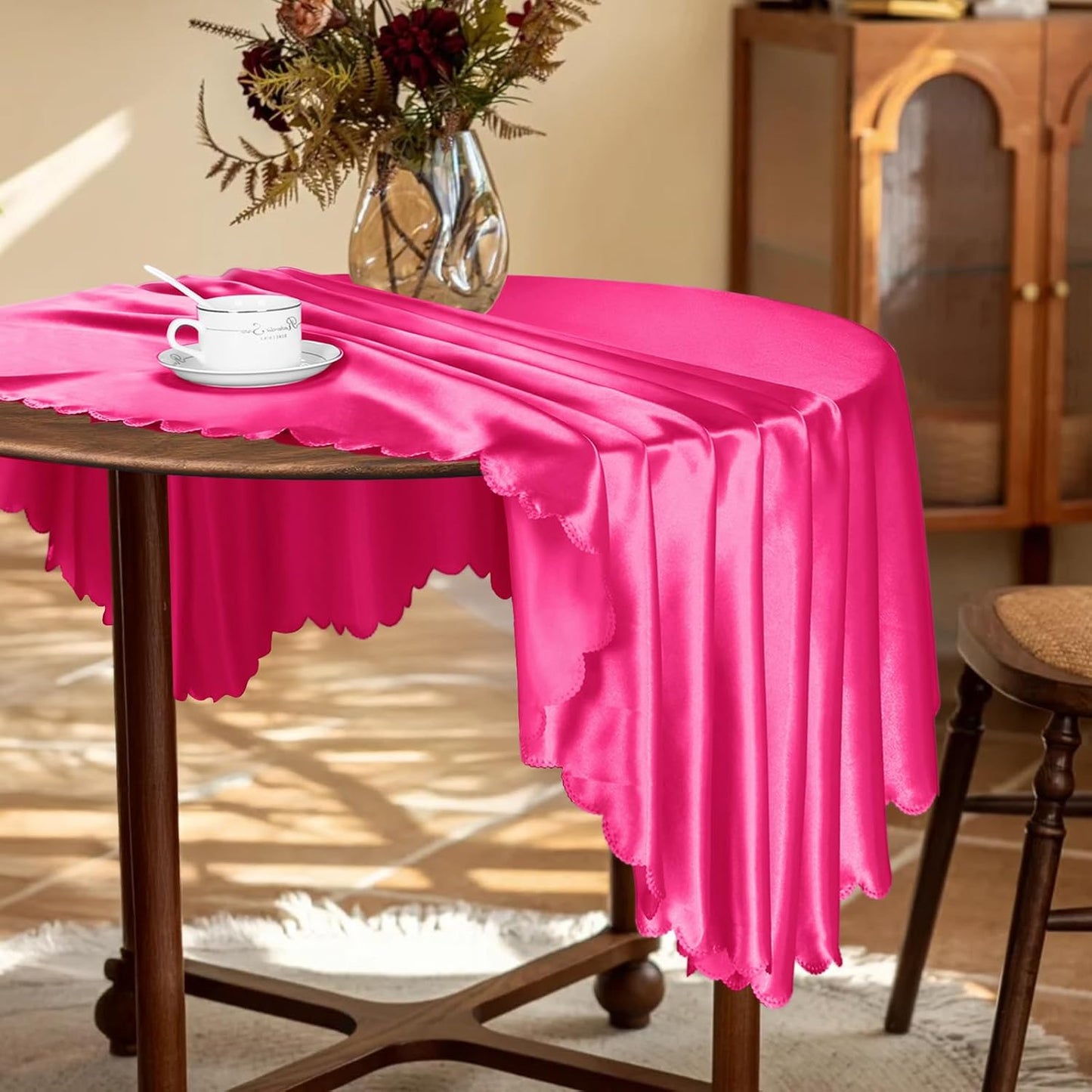 KKJIAF 1 Pack Round Table Cloths 90 Inch, Hot Pink Overlay Round Satin Table Cover, Silky Satin Dining Tablecloths for Wedding Buffet Parties Banquet Decoration