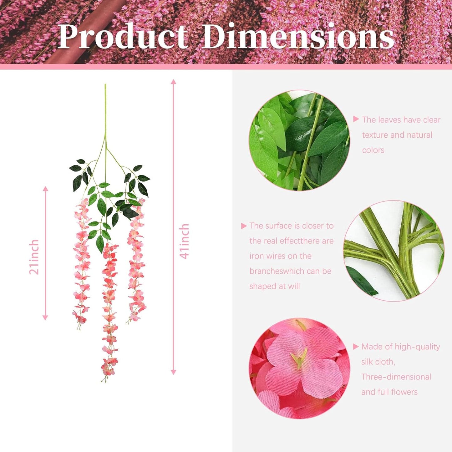 12 Pack Dark Pink Wisteria Hanging Flowers, 3.44 Ft Fake Hanging Flowers, Artificial Wisteria Garland Vines for Wedding Room Backdrop Outdoor Patio Garden Decoration