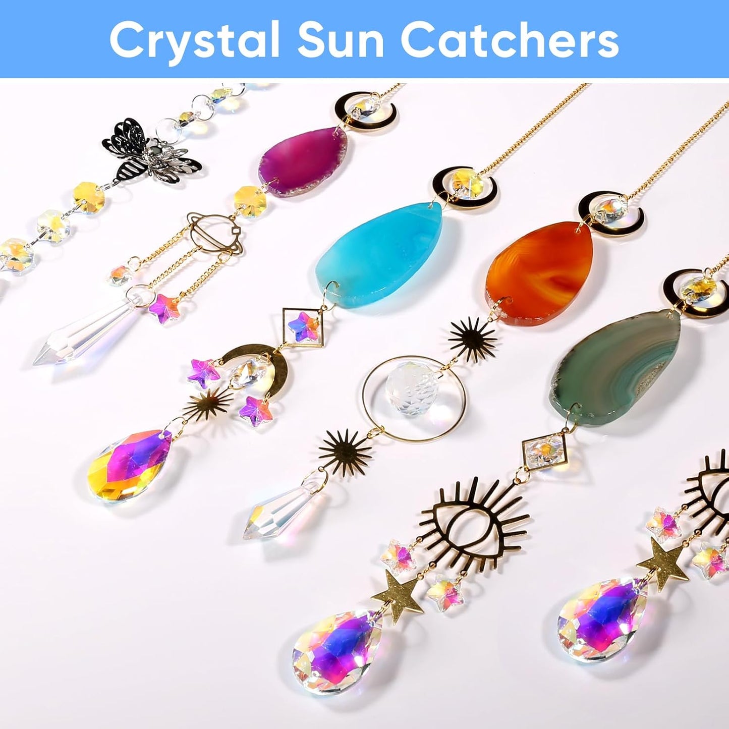7 PCS Crystal Suncatcher, Hanging Suncatchers with Crystals Light, Sun Catchers Indoor Window Catcher with Prism Pendants Agate Slices,Tree of Life Crystal Suncatchers Indoor Outdoor Home Garden Decor