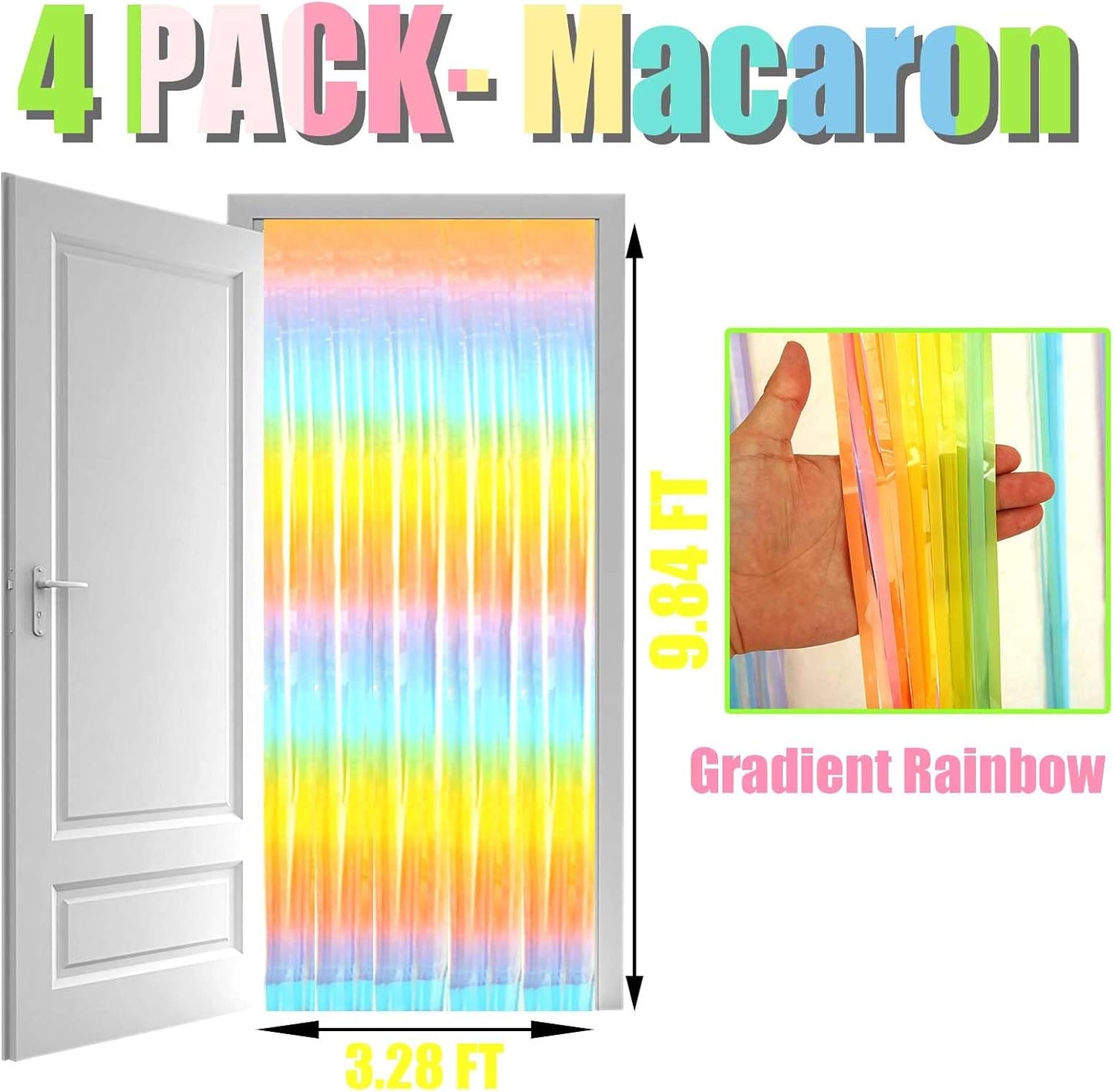 4 Pack Rainbow Foil Fringe Curtain Backdrop, 3.3Ft x 9.8Ft Colorful Metallic Tinsel Streamers Curtains, Wedding, Thanksgiving, Birthday, Christmas, Halloween Party Decoration