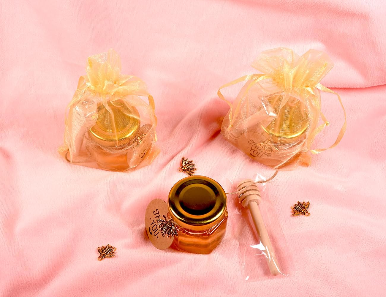 Adabocute Mini Honey Jars with Dipper - Hexagon Honey Pot Set with Gold Lid, Bee Pendants, Jutes, Gold Organza Bags and Stickers - Perfect for Baby Shower Party Favors Wedding Favors, 60 Pack 1.5oz