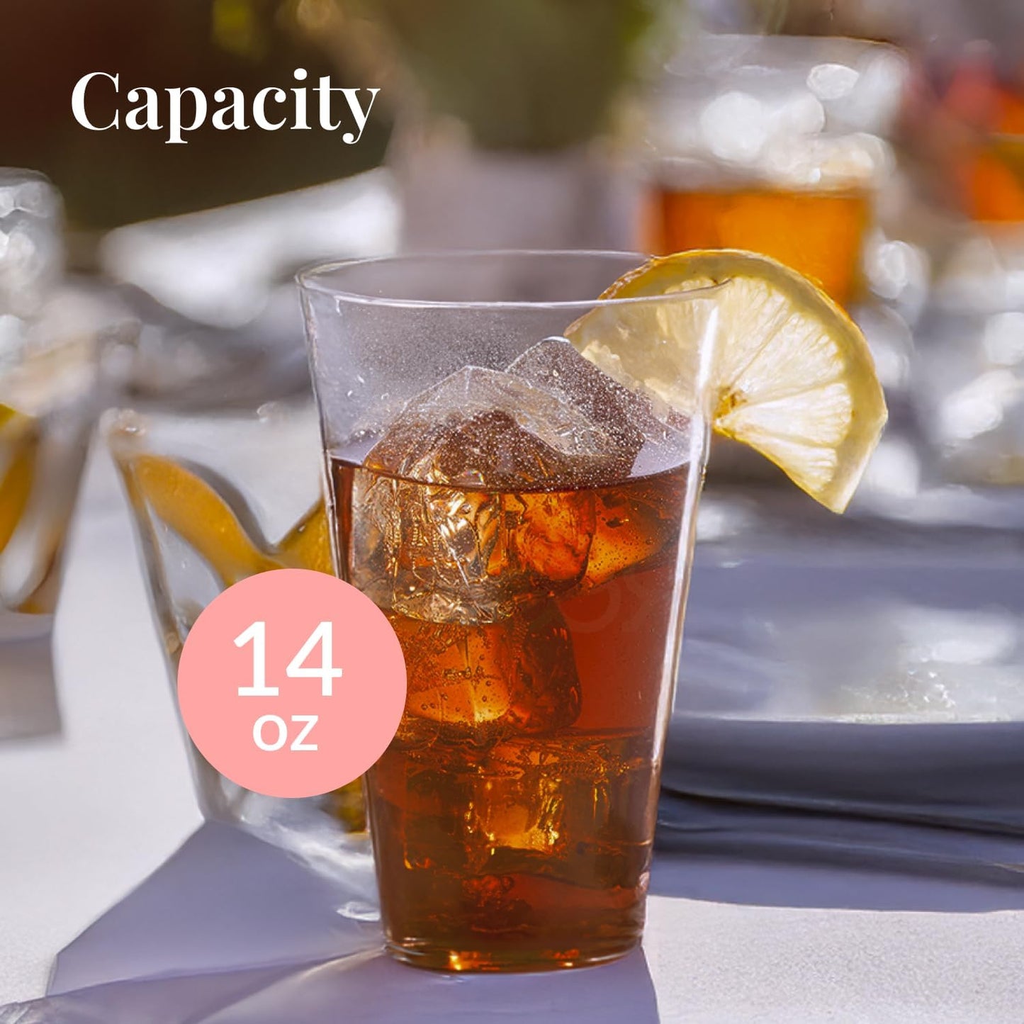 Prestee 100 Clear 14 Ounce Plastic Cups - Hard Plastic Disposable Tumblers for Wine, Cocktails, Water, and Beer - Sturdy Large Clear Cups for Parties, Weddings, Events - Reusable or Disposable