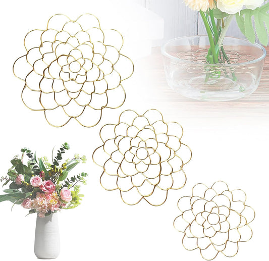 Stainless Steel Floral Grid Flower Arrangement Tool, 3pcs Reusable Floral Grid for Vase Stainless Steel Wire Flower Arranging Tool, Flower Grid Arranger for Arrangement Vase Plant Flower (Gold)