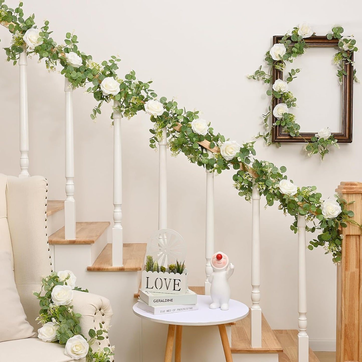 Dolicer 2Pcs 13Ft Artificial Eucalyptus Garlands with Flowers - 8 Roses, Faux Floral Greenery Garlands Fake Flowers Vines for Wedding Table Centerpieces Arch Party Ceremony Backdrop Decor (White)
