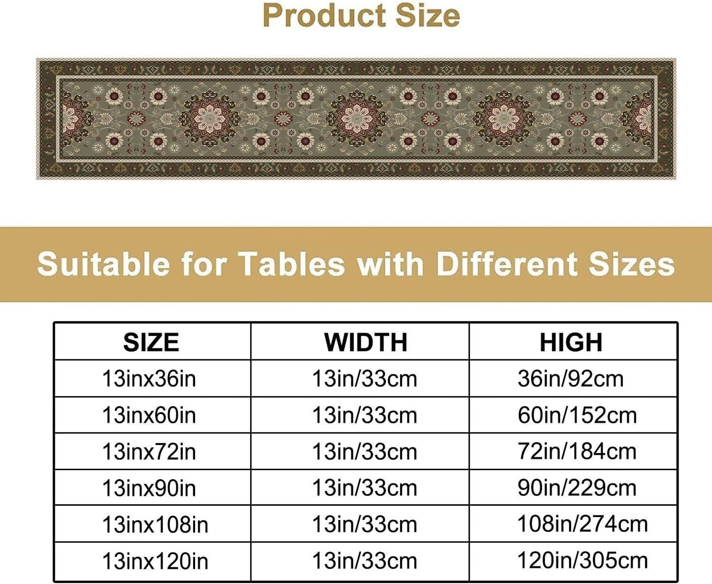 Vintage Paisley Floral Table Runner, Brown Boho Rustic Farmhouse Flower Pattern for Home Kitchen Table Decor Dining Coffee Room Party Decor 13x60in