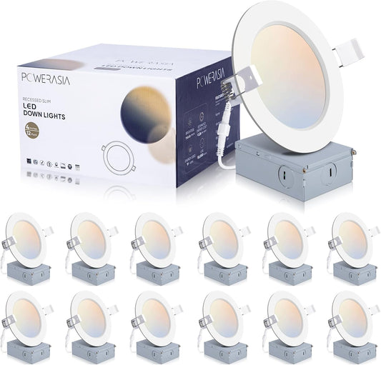 12 Pack 4 Inch Ultra-Thin LED Recessed Ceiling Light with Junction Box, 5CCT Dimmable 2700K/3000K/4000K/5000K/6000K, 9W 850lm Can Killer Downlight-ETL and Energy Star Certified