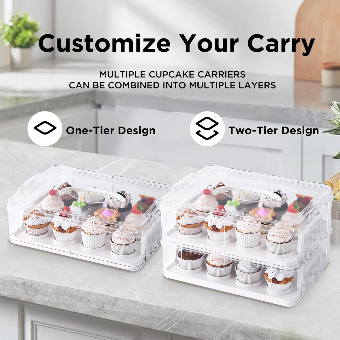 Two Tier Cupcake Carrier, White Stackable Cupcake Holder Carries for 24 Standard-Size Cupcakes, Reusable Detachable Cupcake Box