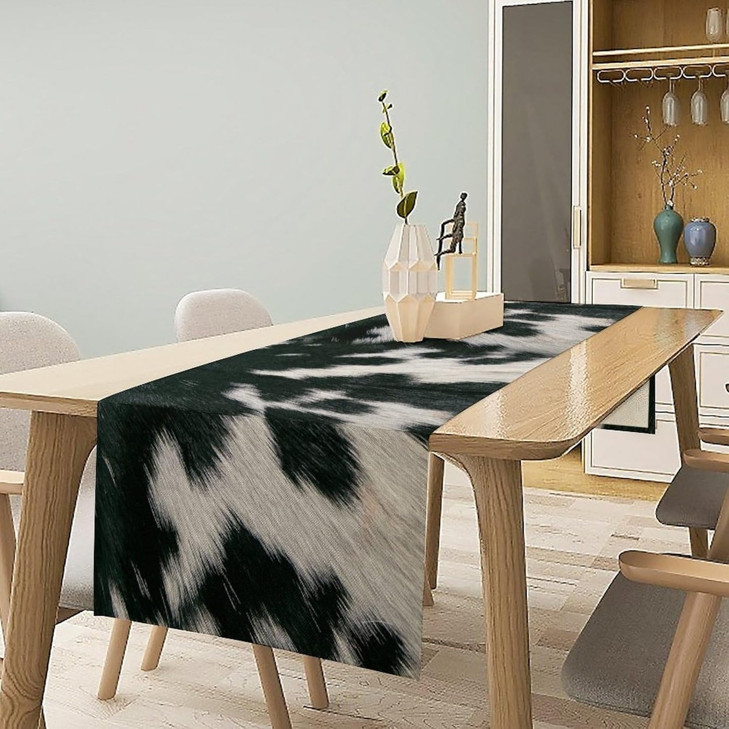 Cow Skin Print Table Runner, Rustic Country Farm Fur Skin Cowhide Pattern Western Style Black White Print Table Runner for Home Kitchen Dinning, 13x90 Inch