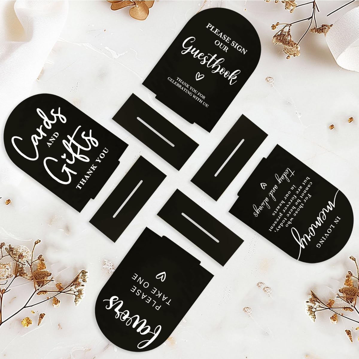4 Pcs Acrylic Wedding Signs for Ceremony and Reception, Bridal Shower Decorations, Cards and Gifts Signs, Guest Book Sign, Arch Acrylic Table Top Sign with Holder for Wedding Reception (Black)