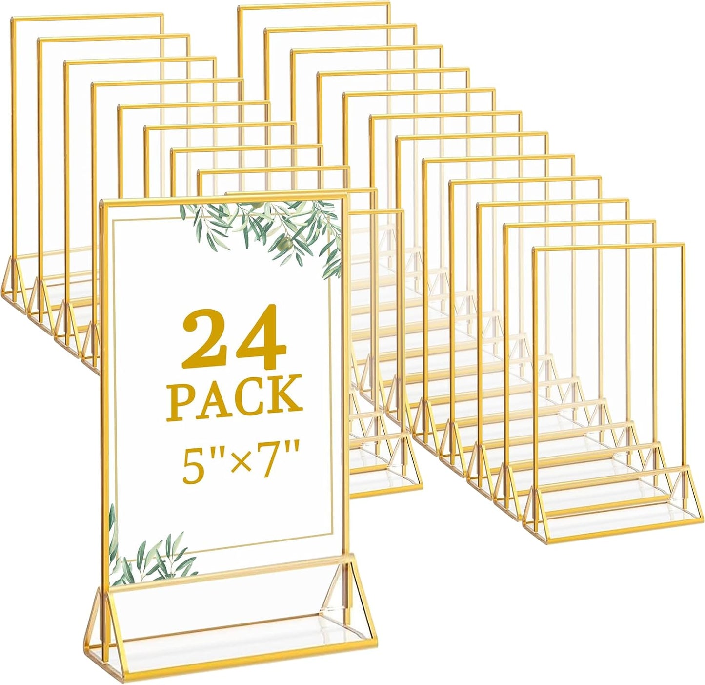 Floroom 24 Pack 5x7 Inch Clear Acrylic Sign Holders, Double-Sided Gold Display Stand Picture Frames for Table Numbers, Menus, Flyers, Weddings, and Offices