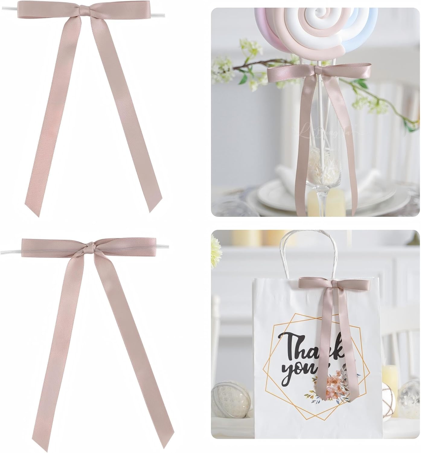 50 PCs Dusty Rose Bow 5 Inch Long Tail Bows for Gift Wrapping, Easter Bow Party Decorations, Twist Tie Bows, Satin Bows for Crafts, Premade Bows for Presents, Treat Bags, Bottles, Cakes