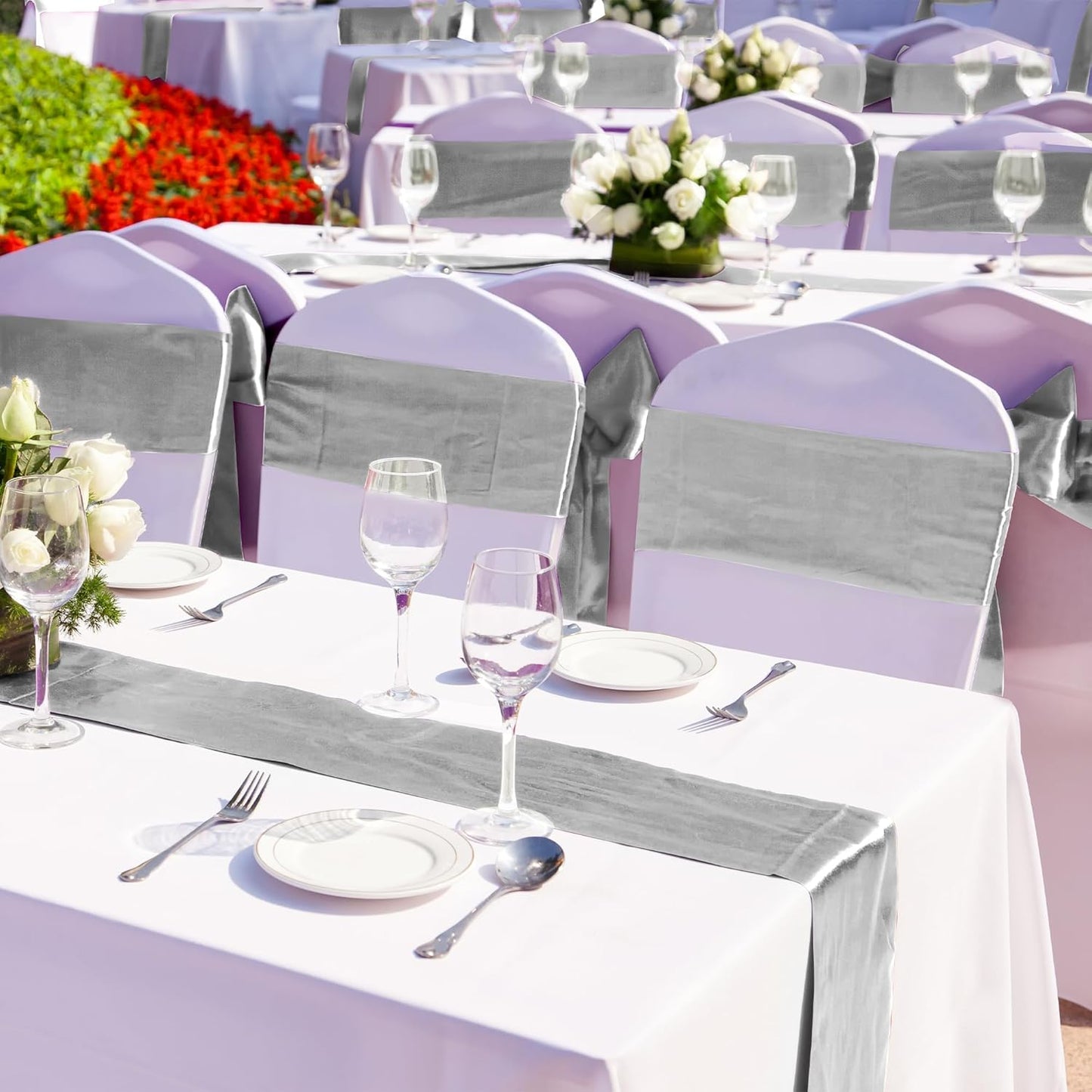 Aneco 16 Pack Satin Table Runner 12 x 108 Inch Silver Long Wedding Satin Silk Table Runner for Wedding Banquet Graduations Birthday Party Decoration