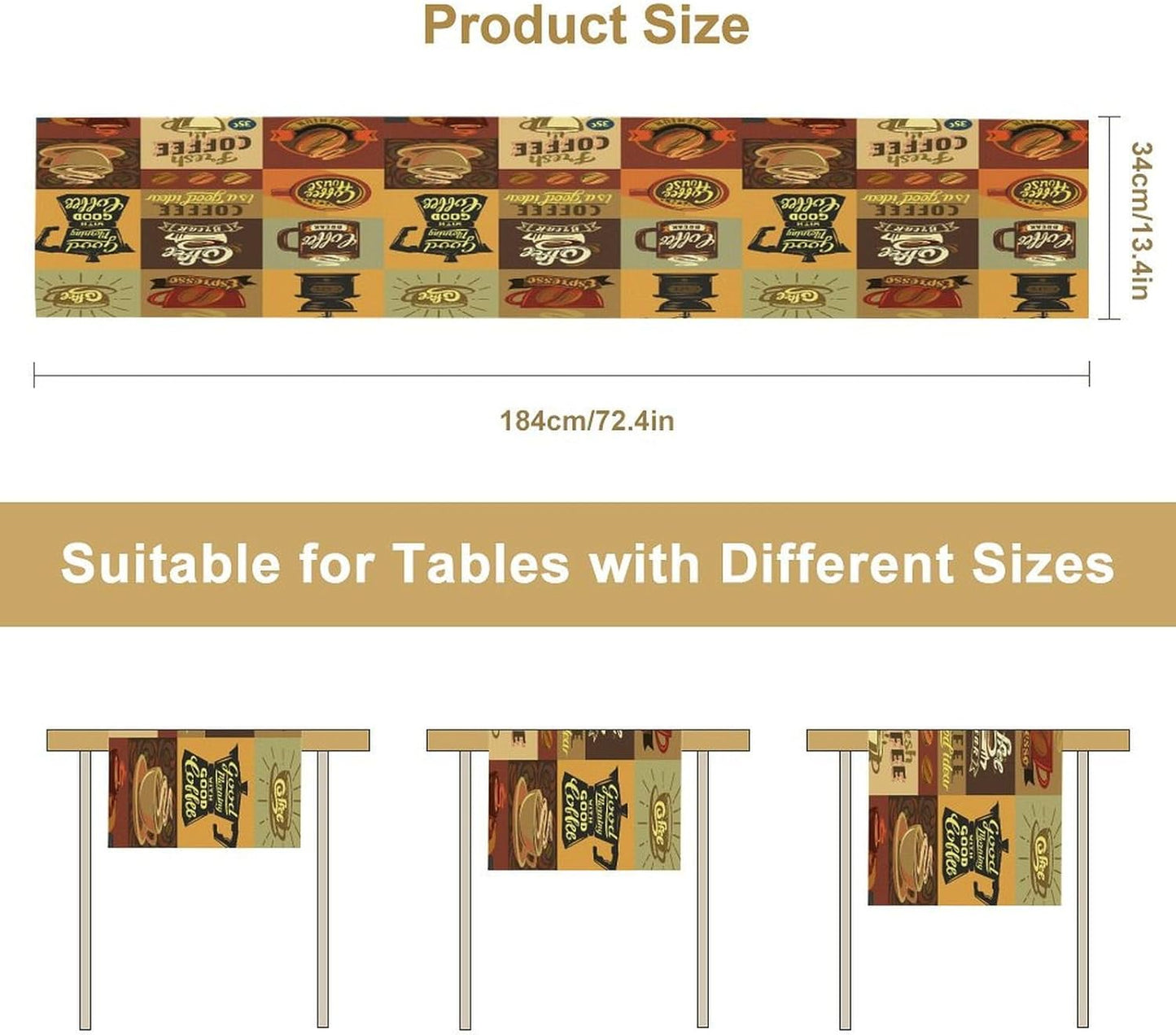 Coffee Table Runner,Vintage Style Coffee Beans Cups Theme Design Pattern Print Tablecloth Burlap for Hotel Indoors Outdoor Dining Room Kitchen Holiday Party, 13x36in