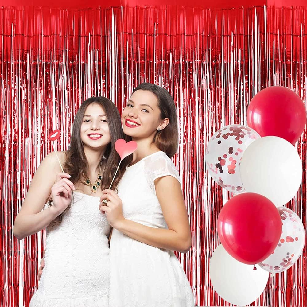 BEISHIDA 4 Pcs Red Door Streamers Tinsel Curtain Party Streamers Backdrop Fringe Foil Wall Background for Birthday Valentine's Day Christmas Wedding Party Decoration(3.28 ft x 6.56 ft)