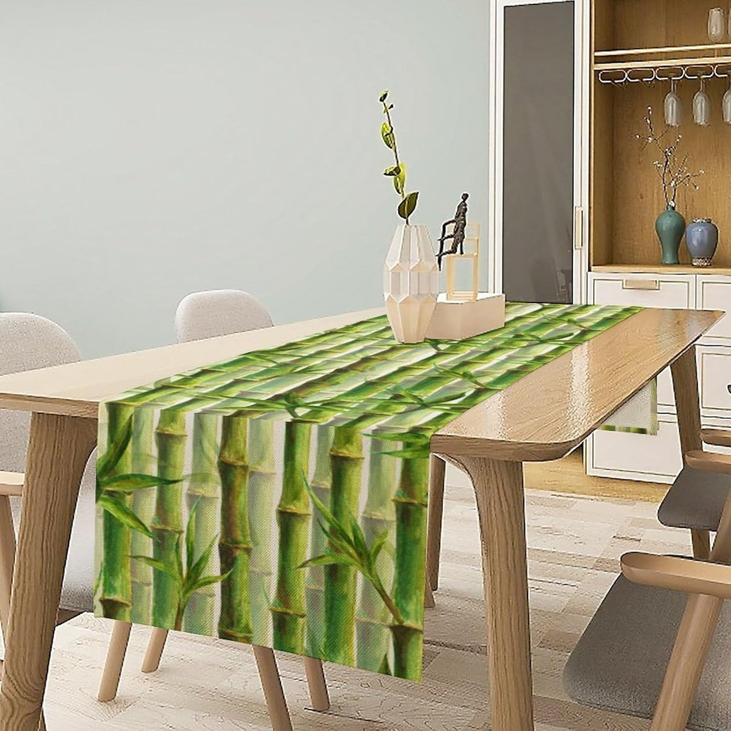 Bamboo Table Runner,Green Plant Print Table Runner for Kitchen Dining Table Home Party Decoration 13x36 Inch