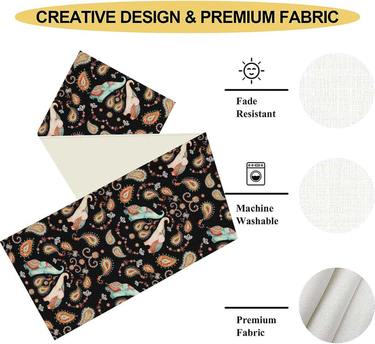 Boho Table Runner, Indian Bohemian Elephant Mandala Paisley Floral Hippie Art Print Table Center Decor for Home Kitchen Dining Patio Holiday Party Indoor Outdoor Table Decorations, 13"x108" Inch