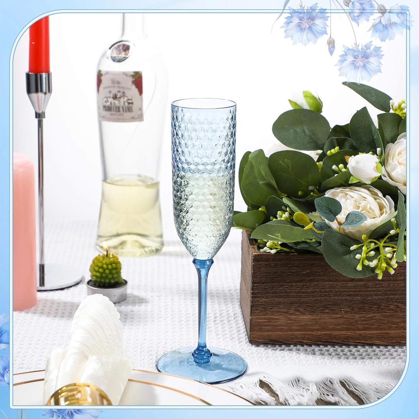 Remerry 48 Pack Detachable Plastic Champagne Flutes 5.5 oz Champagne Glasses Bulk Disposable Mimosa Glasses Reusable Wine Cups for Wedding Toasting Baby Shower Birthday Party New Years (Blue)