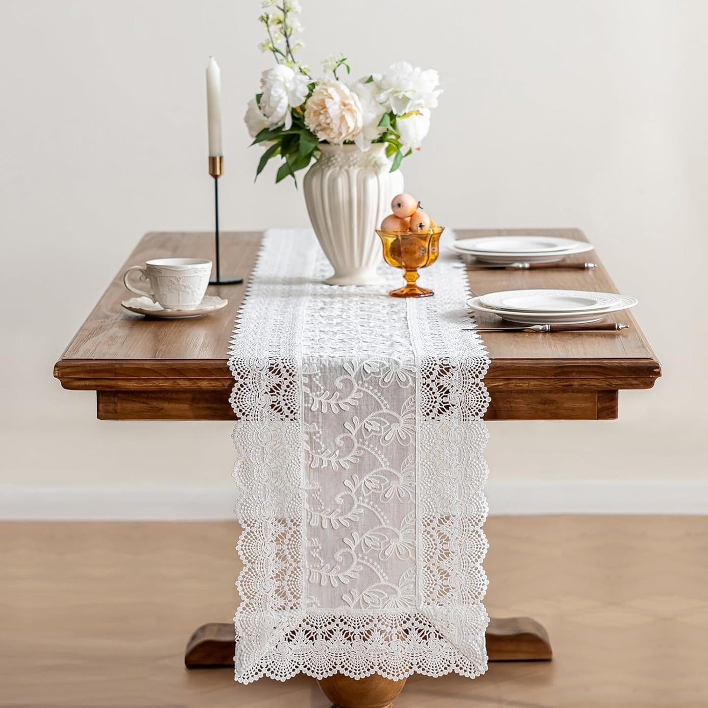 White Elegant Vintage Lace Table Runner,Wedding Lace Decor with Floral Embroidery,Tea Party Decor (White, 13.8X79 Inches)