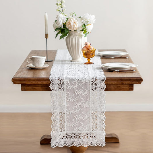 White Elegant Vintage Lace Table Runner,Wedding Lace Decor with Floral Embroidery,Tea Party Decor (White, 13.8X79 Inches)