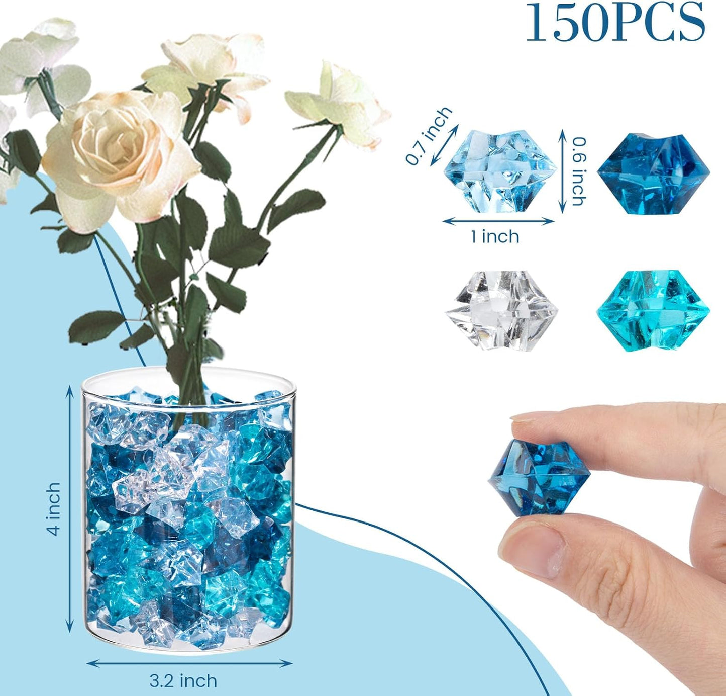 DomeStar 150PCS Fake Ice, Acrylic Blue Gems, Vase Fillers Fish Tank Rocks Aquarium Tank Decor Table Scatter Decoration