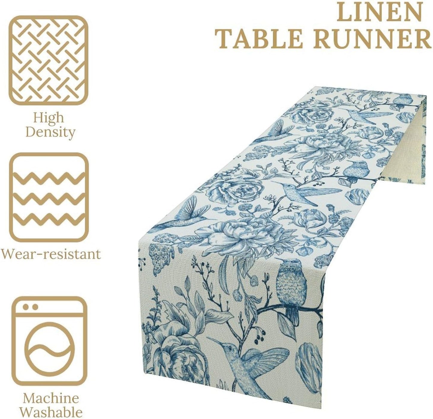 Blue White Table Runner Retro Monochrome Sketch Birds Flower Vintage Floral Kitchen Dining Table Decoration for Home Party Holiday 13"x70"