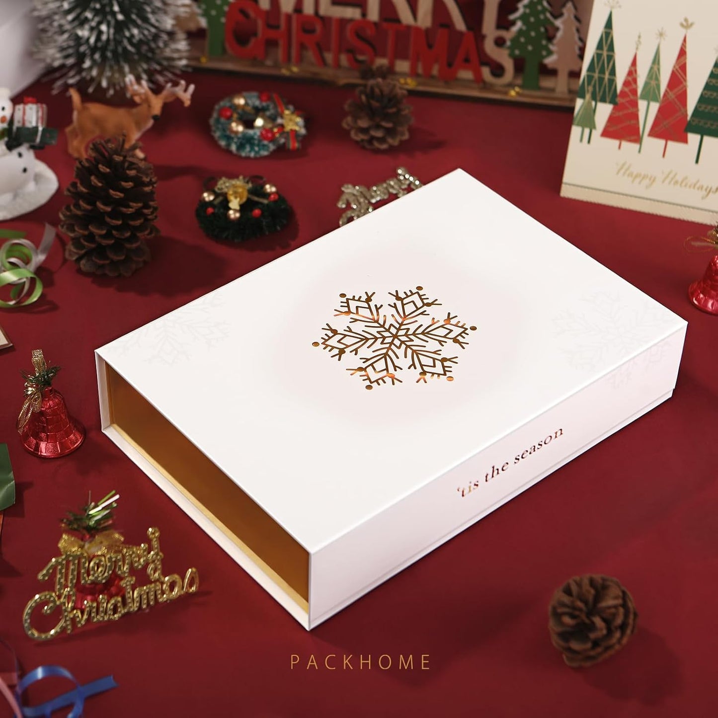 PACKHOME Christmas Gift Box 13x9.7x3.4 Inches, Large Gift Box with Lid, Sturdy Shirt Box with Magnetic Lid for Wrapping Gifts (Gold Snowflake Pattern)