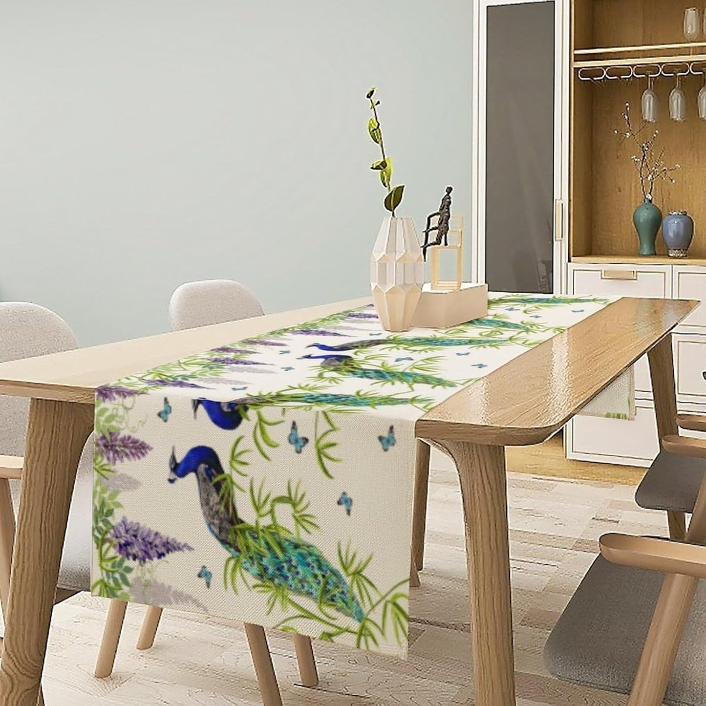 Peacock Table Runner,Spring Plant Butterfly Print Seasonal Table Runner for Home Kitchen Dining Party Indoor Outdoor Decoration 13x90 Inch