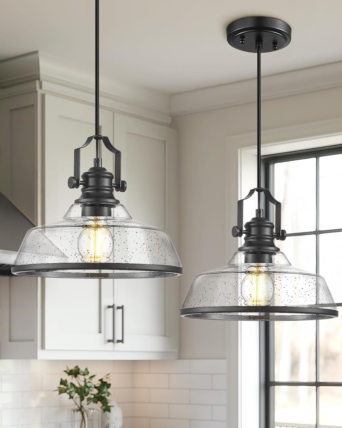 kudos Seeded Glass Pendant Light Kitchen Island, Adjustable Cord, Black Farmhouse Kitchen Light Fixture,KDPL13-BK-S