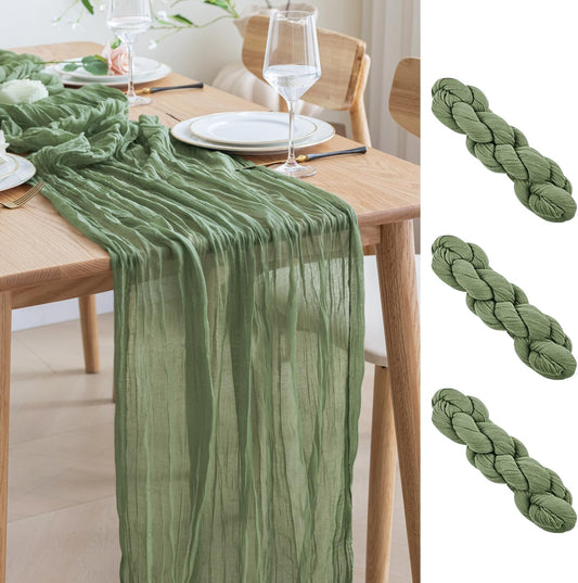 Asee'm 3pcs Cheesecloth Table Runner 120 Inches Sage Green Boho Gauze Cheese Cloth Runner 10FT Rustic Sheer Table Runners for Summer Wedding Baby Shower Holiday Party Decoration