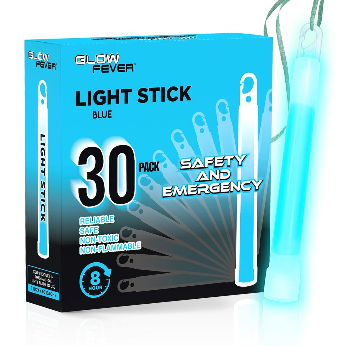 Glow Fever Emergency Safety Military Grade 6'' Lightsticks, Light Up Ultra Bright Glow Sticks with 8 Hours Duration. for Hiking Party Camping Blackouts Hurricane Shelter Survival Kit (Blue, 30PCS)