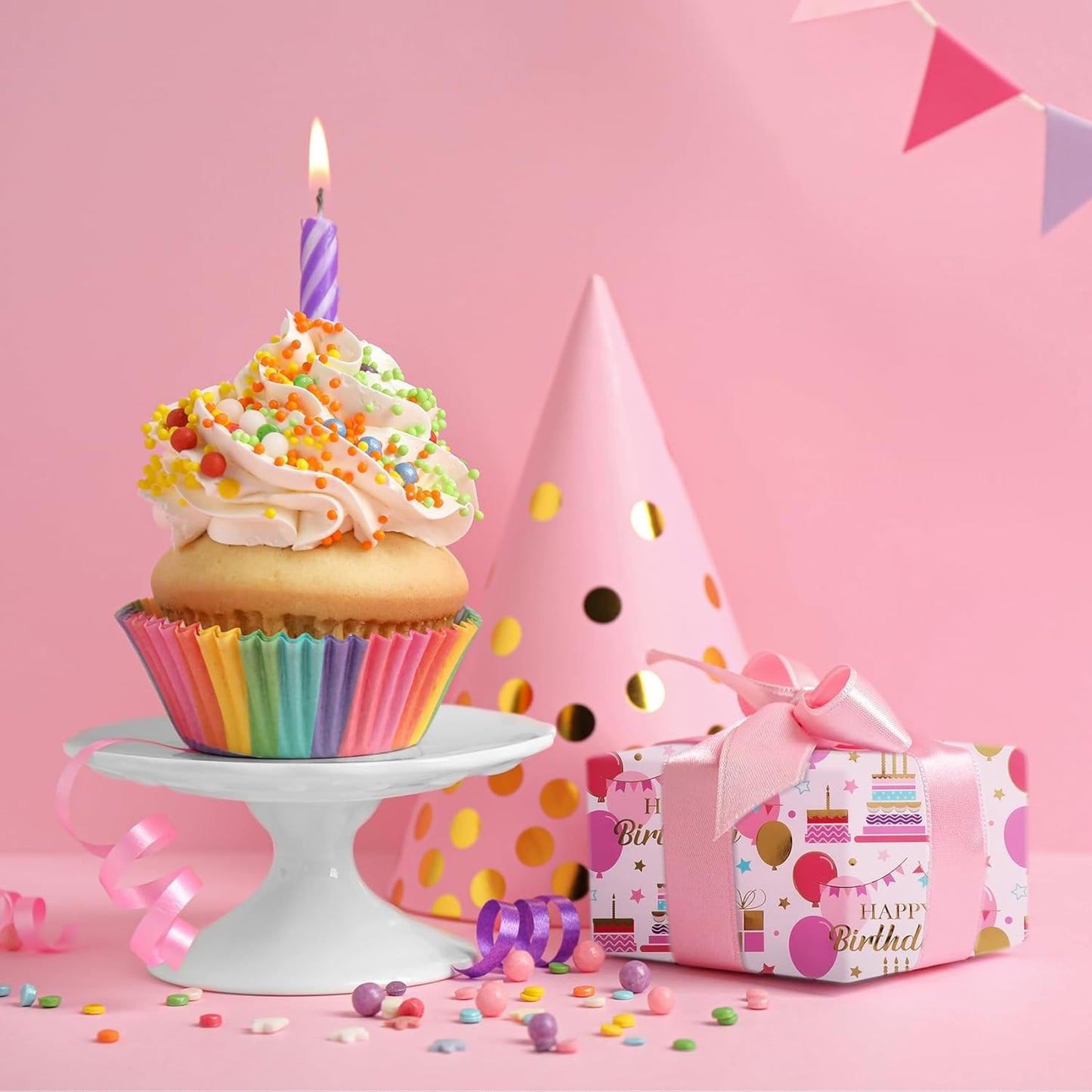 Aimyoo Pink Birthday Wrapping Paper Roll - 17 Inch X 16.4 Feet - Gold Foil Celebration Cake, Balloon, Happy Birthday Lettering Design Gift Wrap for Kids, Baby Showers