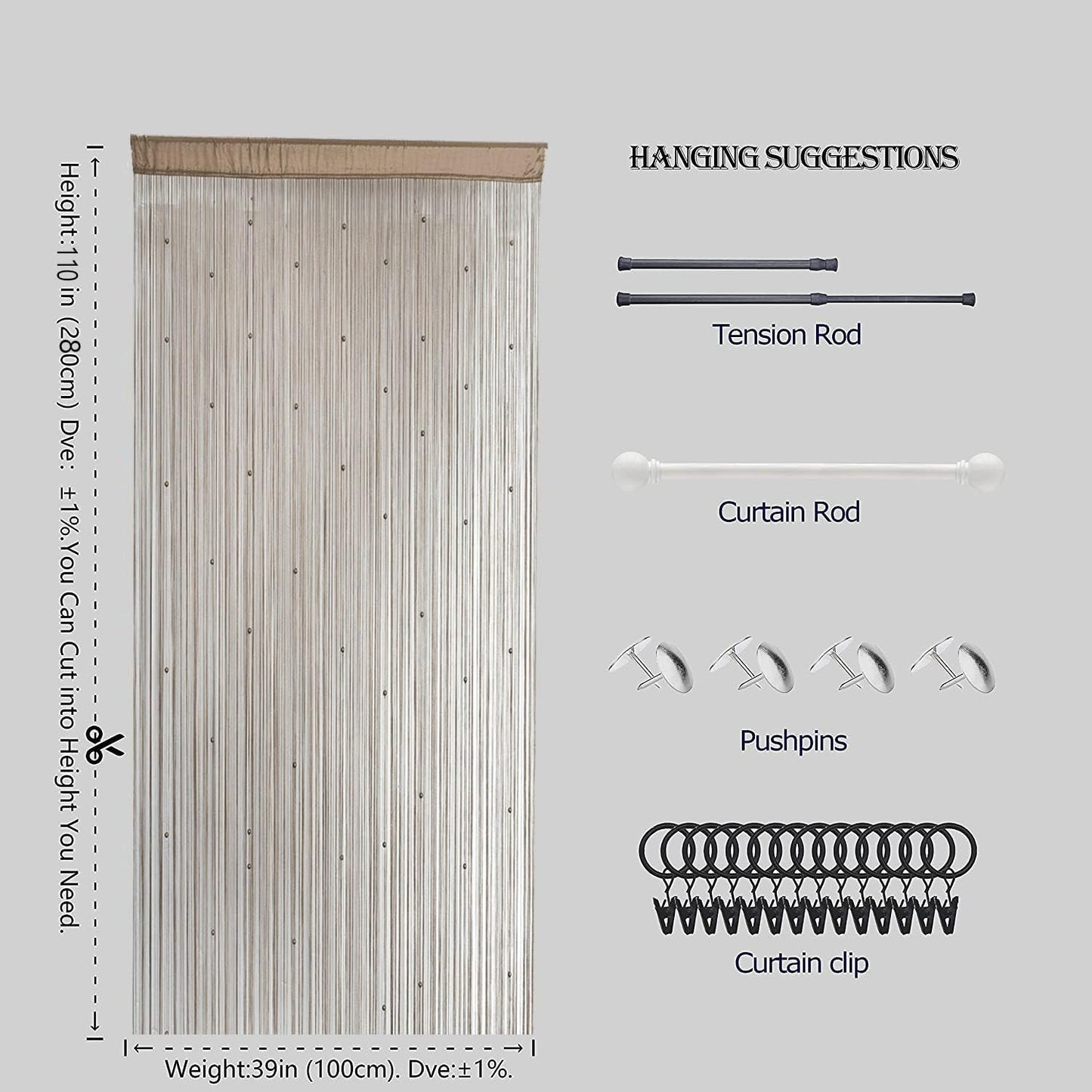 Beaded Doorway Curtain Door Beads Dense String Curtains Fringe Hippie Perfect for Wall Hanging Decor Room Divider Privacy Doors Window Closet Doorways Decorations (100x280cm,Ecru)