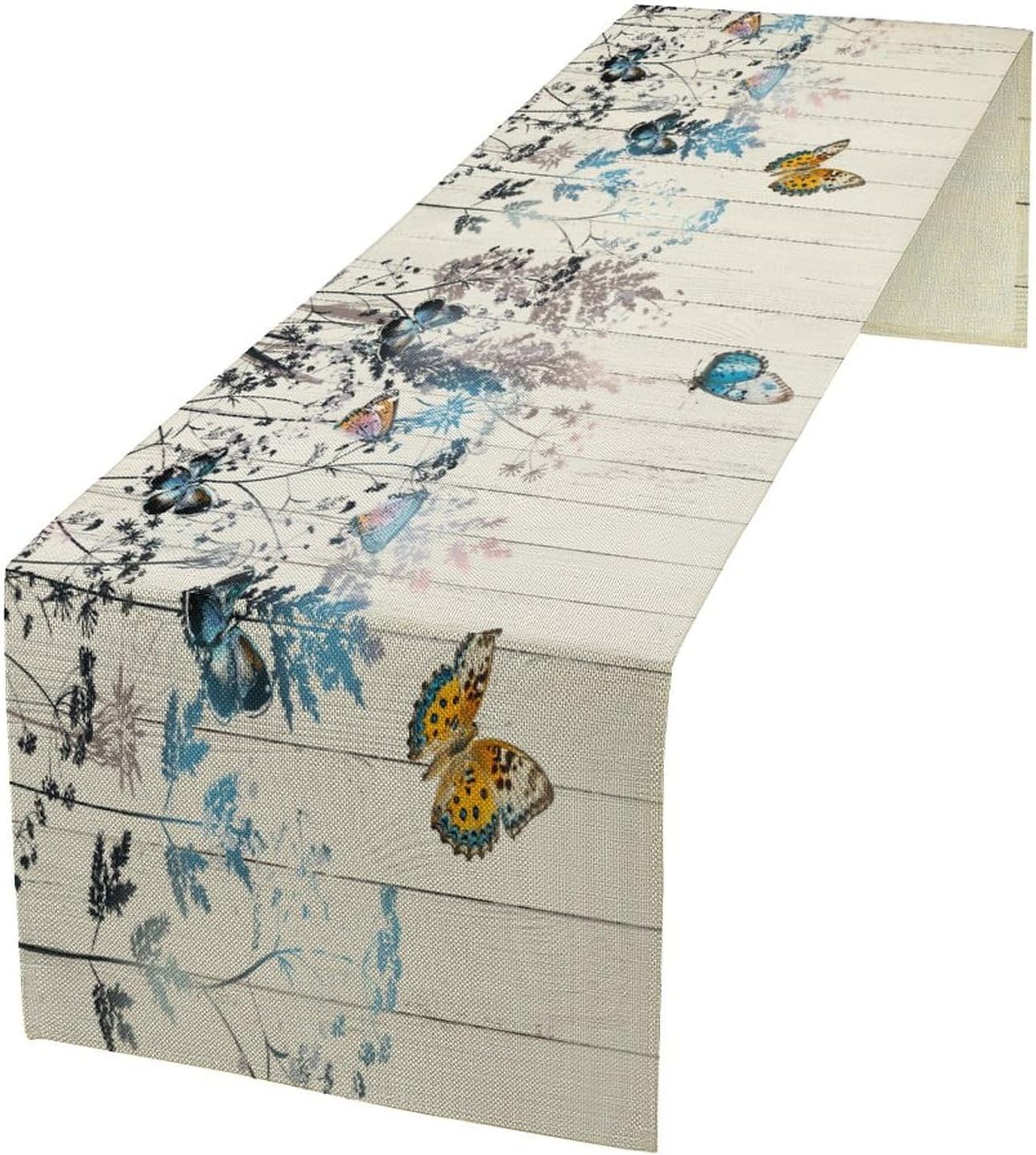 Nature Dandelion Table Runner,Rustic Floral Wood Plank Butterfly Girl Women Pattern Print Burlap Tablecloth for Hotel Indoors Outdoor Dining Room Kitchen Table Decor, 13x60in
