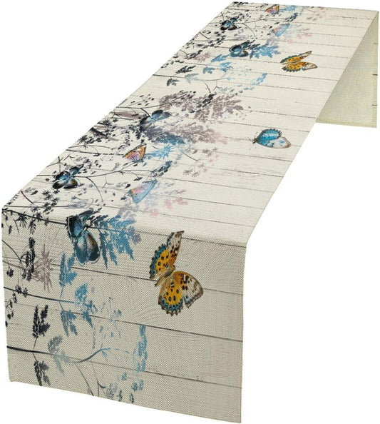 Nature Dandelion Table Runner,Rustic Floral Wood Plank Butterfly Girl Women Pattern Print Burlap Tablecloth for Hotel Indoors Outdoor Dining Room Kitchen Table Decor, 13x70in